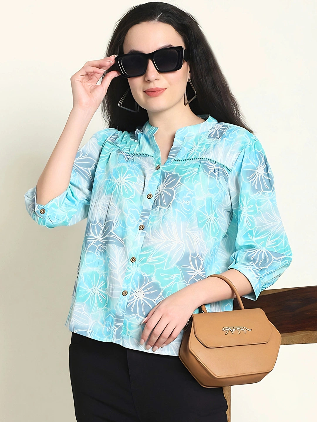 Frempy Women Teal Floral Printed Pure Cotton Top