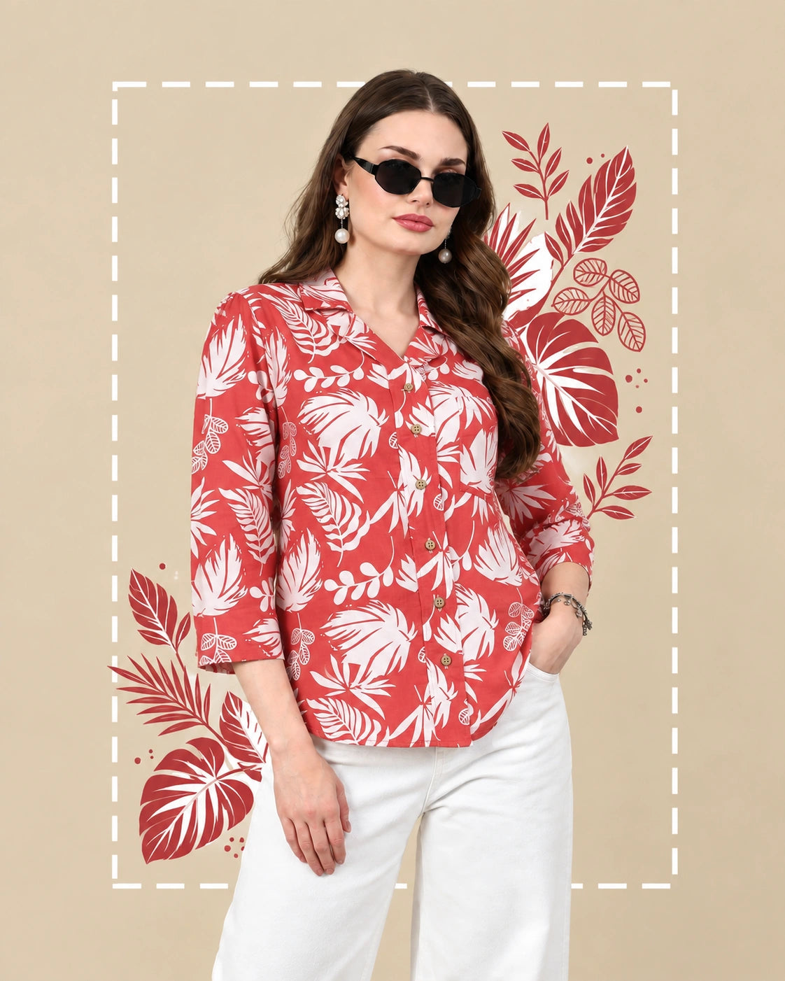 Coral Tropical Print Pure Cotton Shirt Style Top