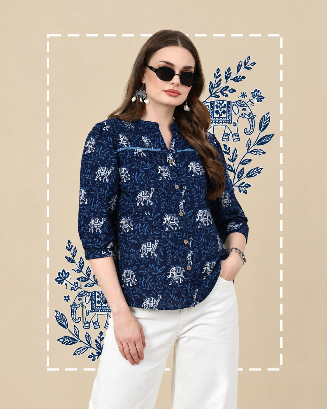 Frempy Women Navy Blue Animal Printed Pure Cotton Top