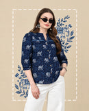 Frempy Women Navy Blue Animal Printed Pure Cotton Top